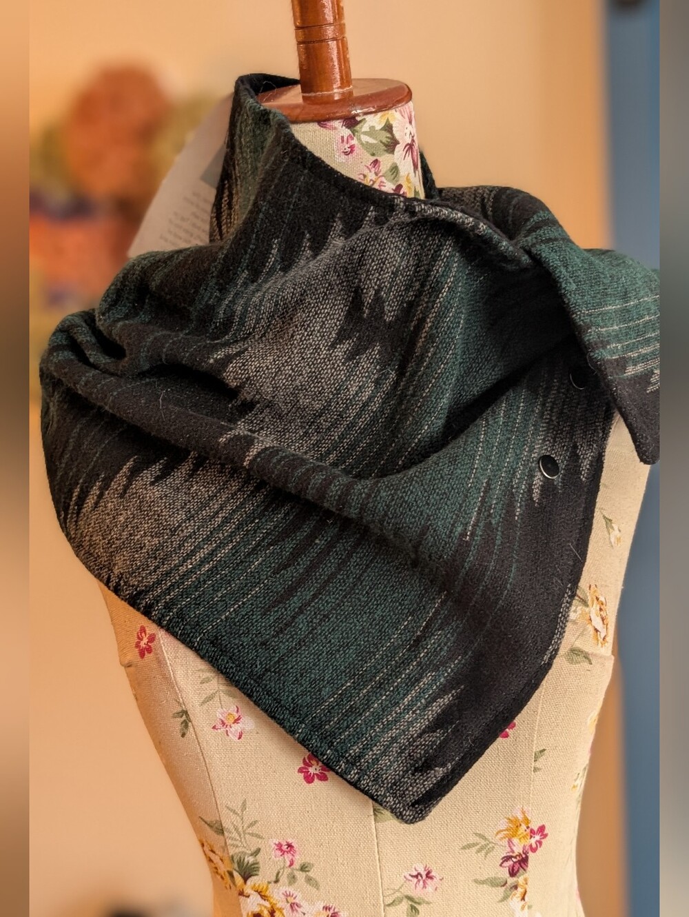 Oakland Creations asymmetric cowl or bandana drape with button snaps that allow